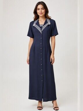 Vintage Lady Dorby Navy Sailor Collar Button Front Maxi Dress Sz 16W Nautical